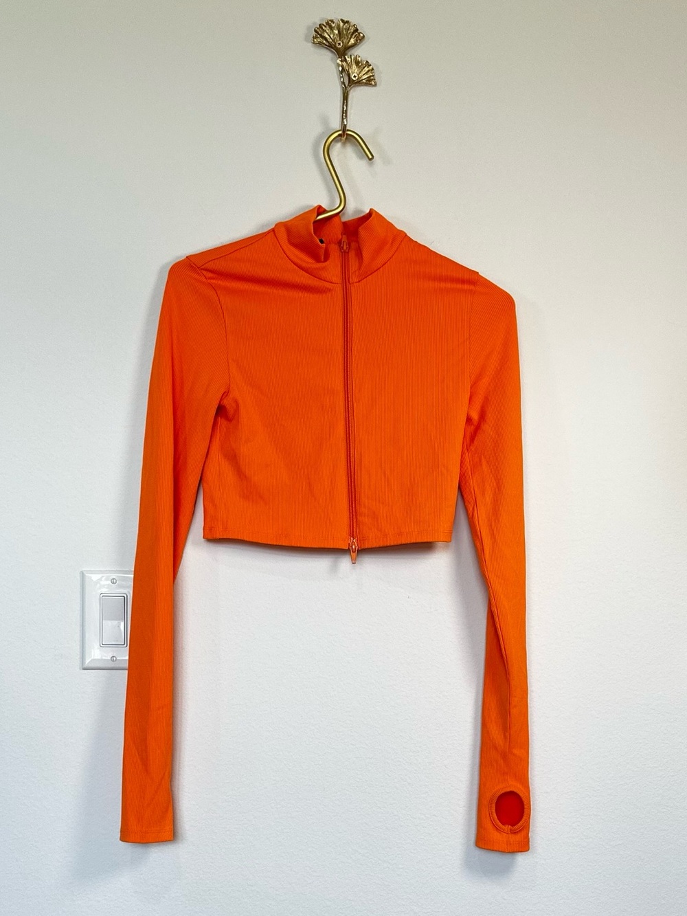 H&M Bright Neon Orange Long-Sleeve Cropped Zip Top